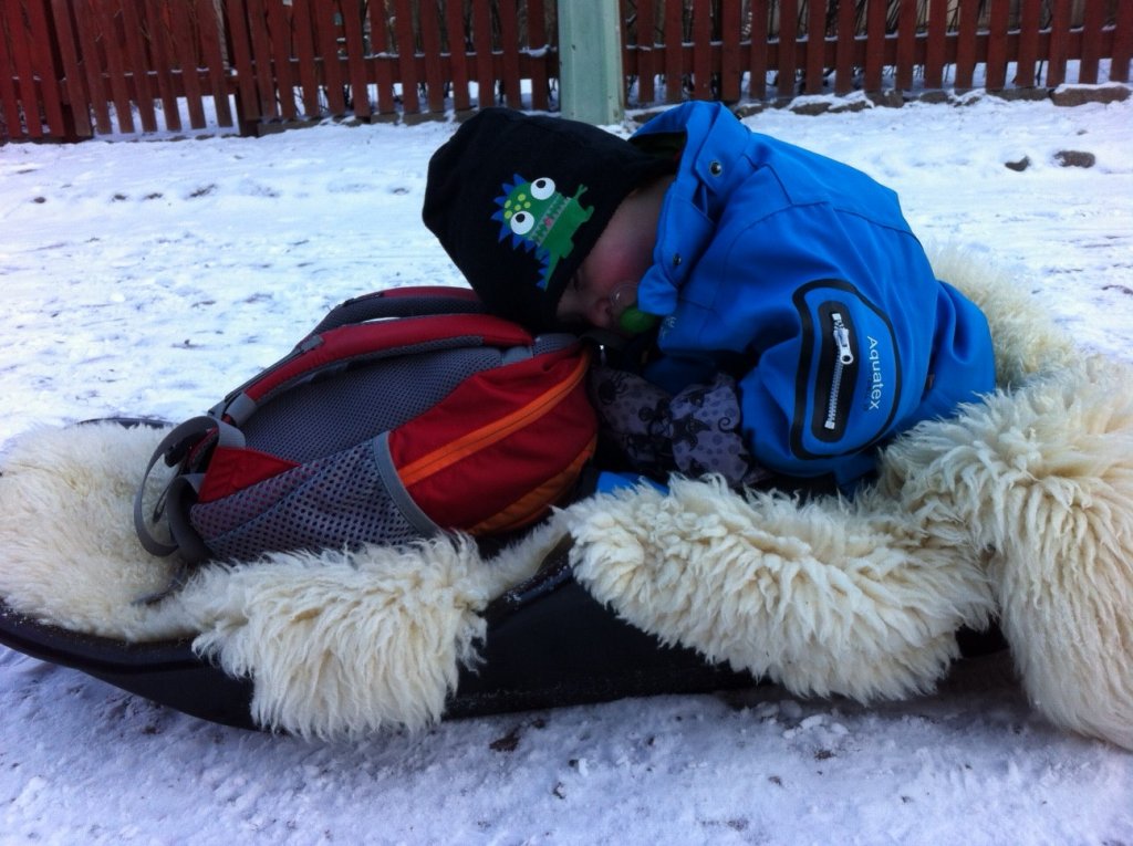 En kille som somnad i pulkan efter Vallabacken på väg till bilen.